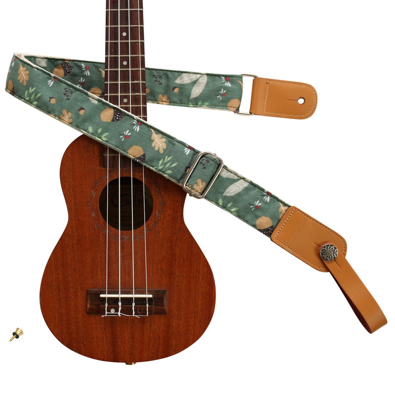 MUSIC FIRST Original Design Vintage â€œAcornâ€ Soft Muslin & Genuine Leather Ukulele Strap Ukulele Shoulder Strap With a Genuine Leather Strap Locker - Image 1